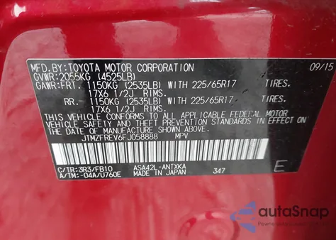 2015 Toyota Rav4 Le z USA, uszkodzony, nr VIN JTMZFREV6FJ058888